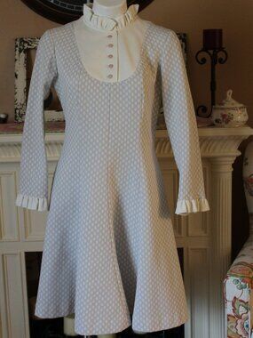 Vintage Gray and White Polka Dot Dress with Full Skirt and Ruffled Neckline